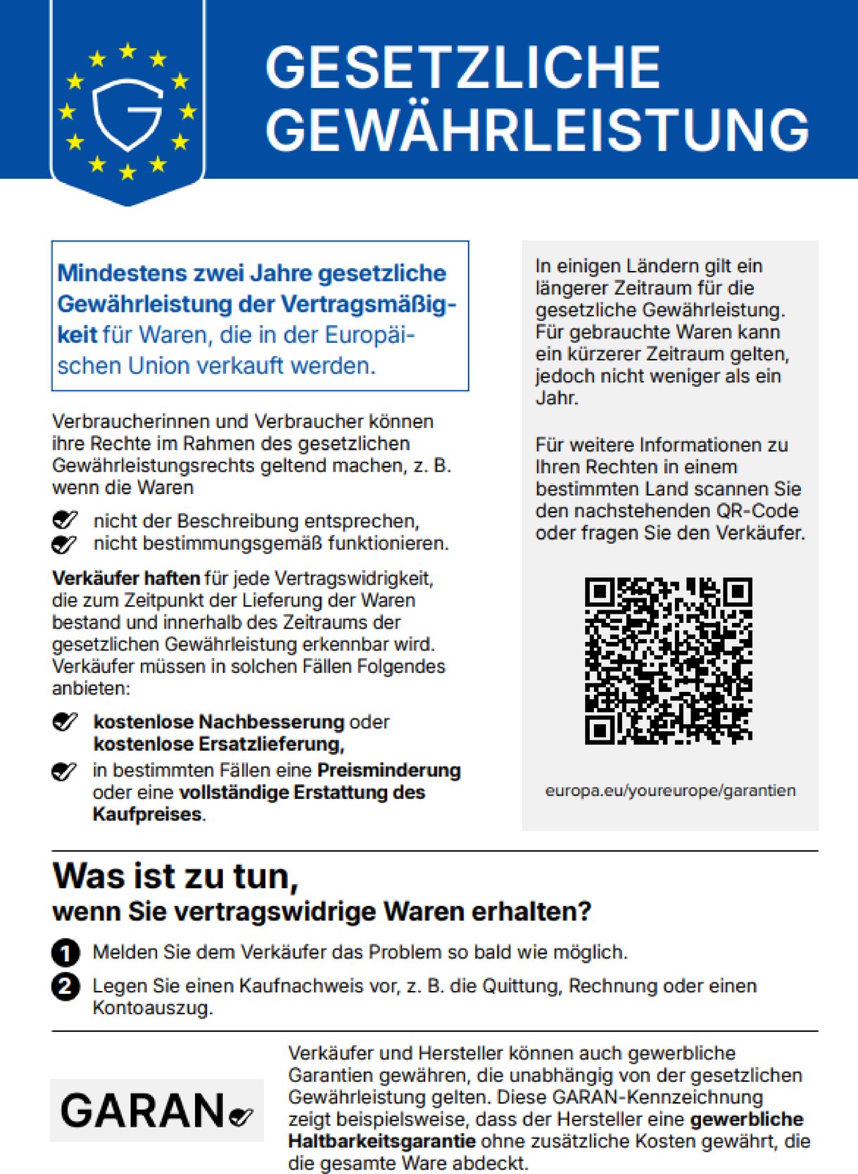 EU-Gewährleistungslabel: Mindestens zwei Jahre gesetzliche Gewährleistung für Waren in der Europäischen Union