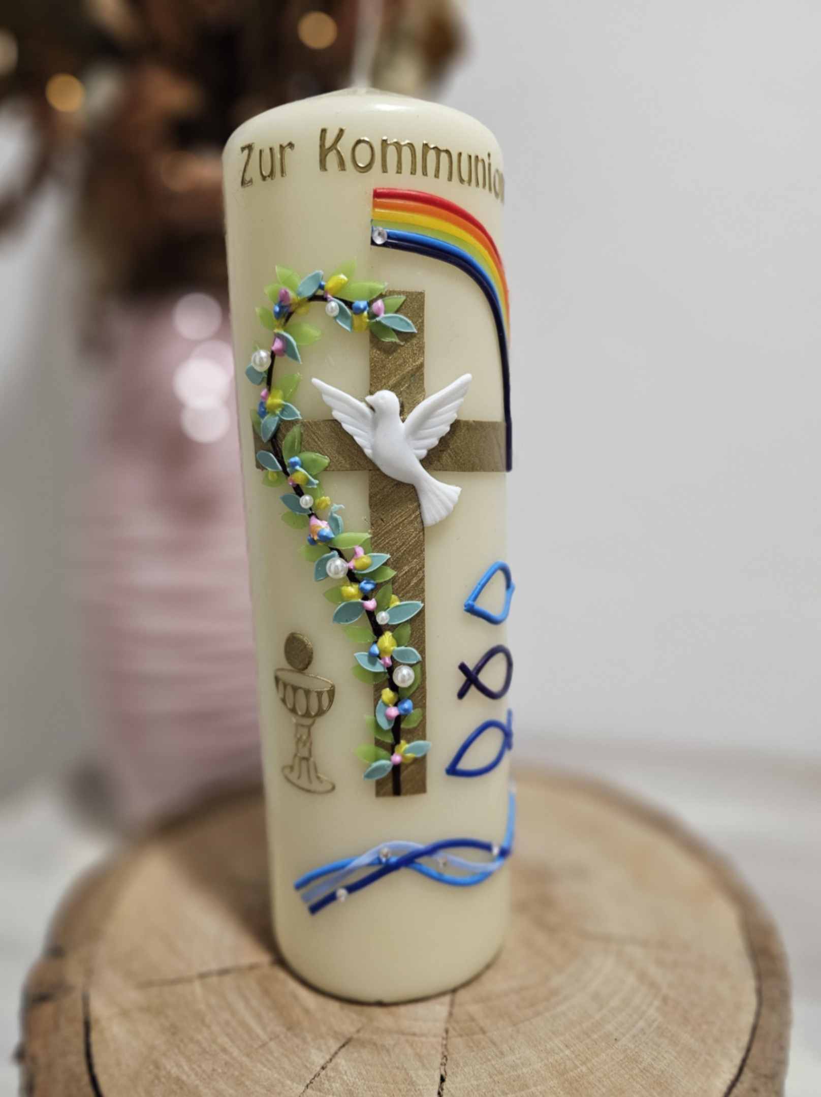Kommunionkerze Regenbogenkreuz
